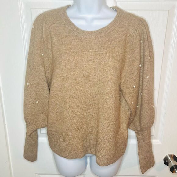 CeCe Tan Crew Neck Pearl Knit Embellished Sweater Long Balloon Sleeves S - Picture 3 of 9